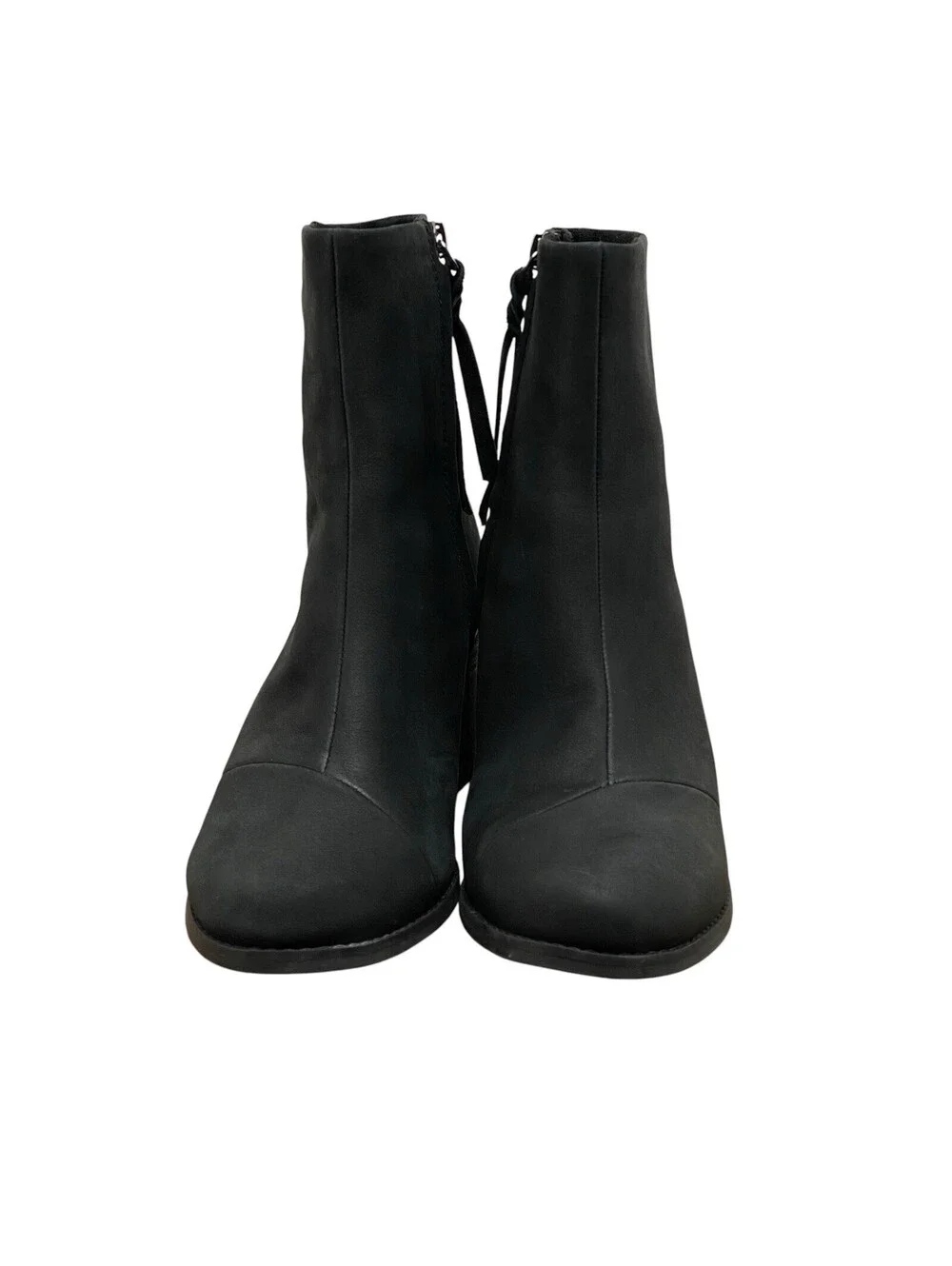 TOMS Evelyn Black Leather Heeled Ankle Boots Side Zip Block Heel Women's 8.5